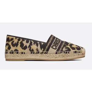 Dior Granville Brown Gold Beige Leopard Logo Embroidered Espadrille Flat 39